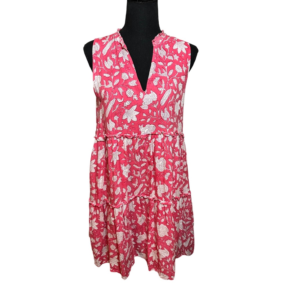 J.Marie Pink Floral Block Print Tiered Ruffle Mini Dress Women Medium Sleeveless